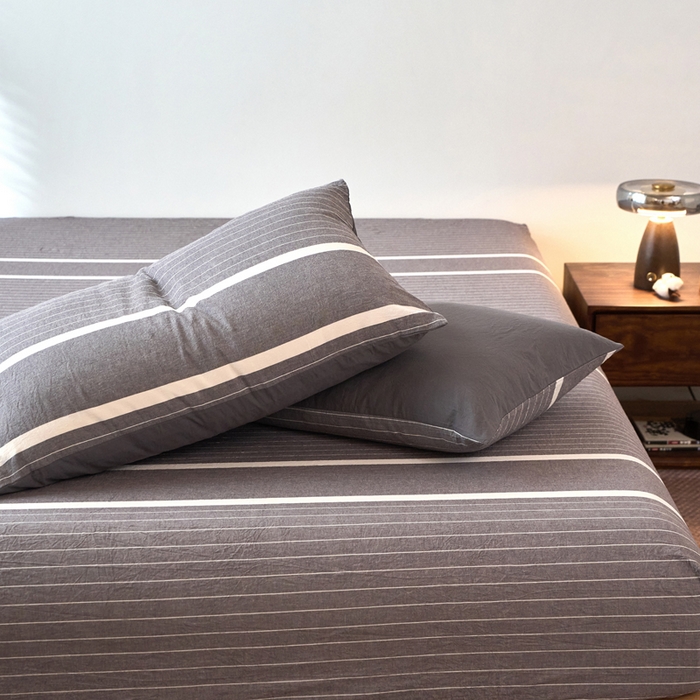 91家纺网 家纺一手货源 找家纺 春皖家纺 2026春夏新款全棉纯棉水洗棉单品系列床笠单件床笠单品-A版单床笠 素雅-灰条