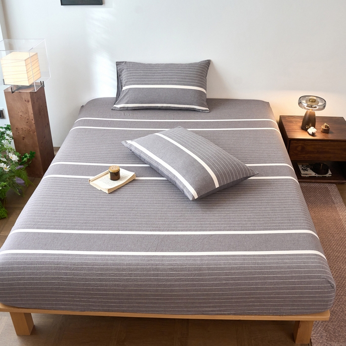 91家纺网 家纺一手货源 找家纺 春皖家纺 2026春夏新款全棉纯棉水洗棉单品系列床笠单件床笠单品-A版单床笠 素雅-灰条