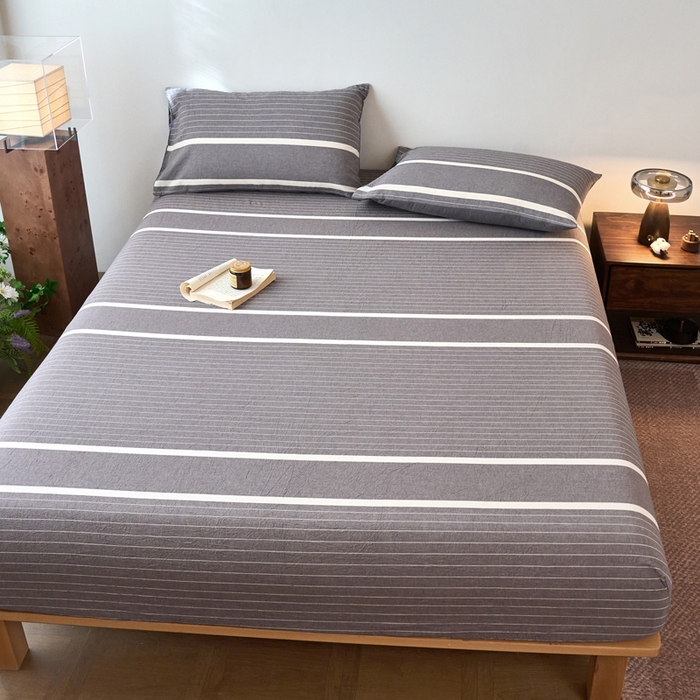 91家纺网 家纺一手货源 找家纺 春皖家纺 2026春夏新款全棉纯棉水洗棉单品系列床笠单件床笠单品-A版单床笠 素雅-灰条