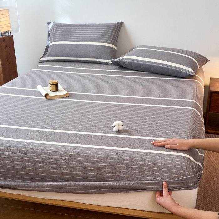 91家纺网 家纺一手货源 找家纺 春皖家纺 2026春夏新款全棉纯棉水洗棉单品系列床笠单件床笠单品-A版单床笠 素雅-灰条
