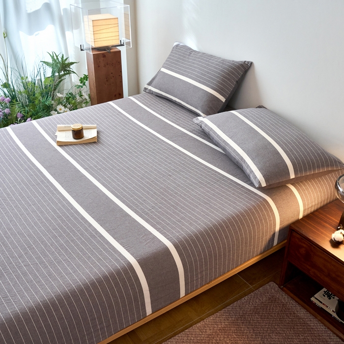 91家纺网 家纺一手货源 找家纺 春皖家纺 2026春夏新款全棉纯棉水洗棉单品系列床笠单件床笠单品-A版单床笠 素雅-灰条