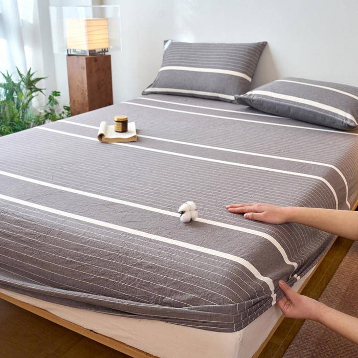 91家纺网 家纺一手货源 找家纺 春皖家纺 2026春夏新款全棉纯棉水洗棉单品系列床笠单件床笠单品-A版单床笠 素雅-灰条