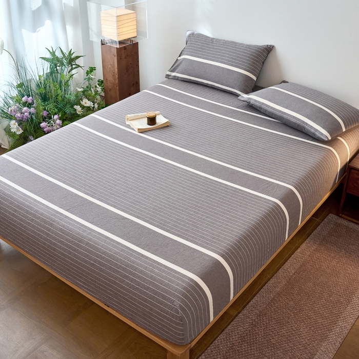 91家纺网 家纺一手货源 找家纺 春皖家纺 2026春夏新款全棉纯棉水洗棉单品系列床笠单件床笠单品-A版单床笠 素雅-灰条