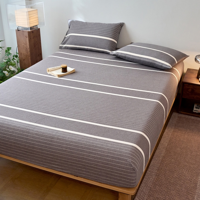 91家纺网 家纺一手货源 找家纺 春皖家纺 2026春夏新款全棉纯棉水洗棉单品系列床笠单件床笠单品-A版单床笠 素雅-灰条