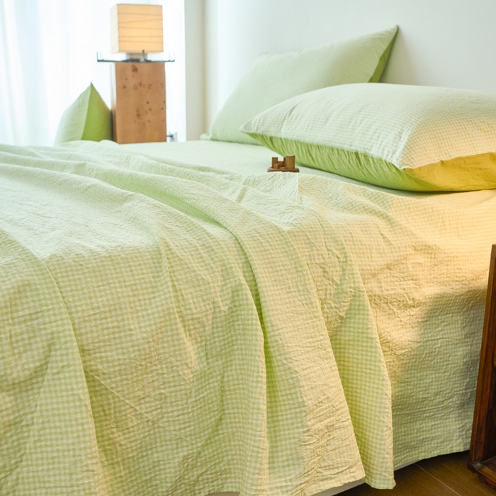 91家纺网 家纺一手货源 找家纺 春皖家纺 2026春夏新款全棉纯棉水洗棉单品系列床单单件床单单品-A版单床单 嫩绿格