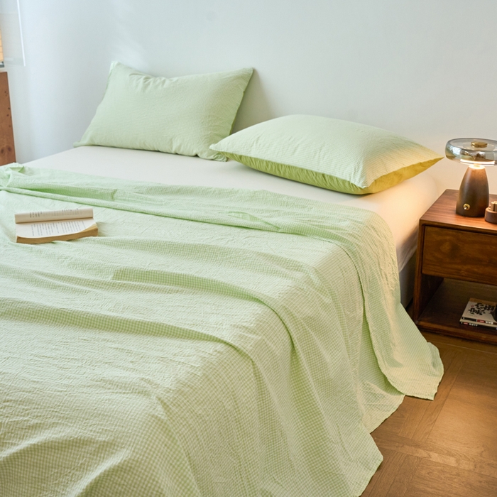 91家纺网 家纺一手货源 找家纺 春皖家纺 2026春夏新款全棉纯棉水洗棉单品系列床单单件床单单品-A版单床单 嫩绿格