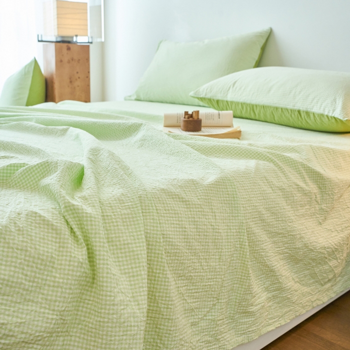 91家纺网 家纺一手货源 找家纺 春皖家纺 2026春夏新款全棉纯棉水洗棉单品系列床单单件床单单品-A版单床单 嫩绿格