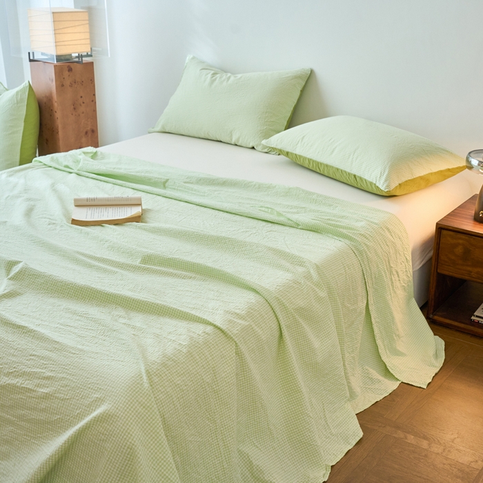 91家纺网 家纺一手货源 找家纺 春皖家纺 2026春夏新款全棉纯棉水洗棉单品系列床单单件床单单品-A版单床单 嫩绿格