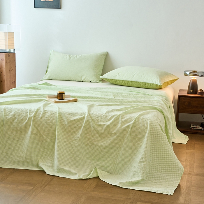 91家纺网 家纺一手货源 找家纺 春皖家纺 2026春夏新款全棉纯棉水洗棉单品系列床单单件床单单品-A版单床单 嫩绿格