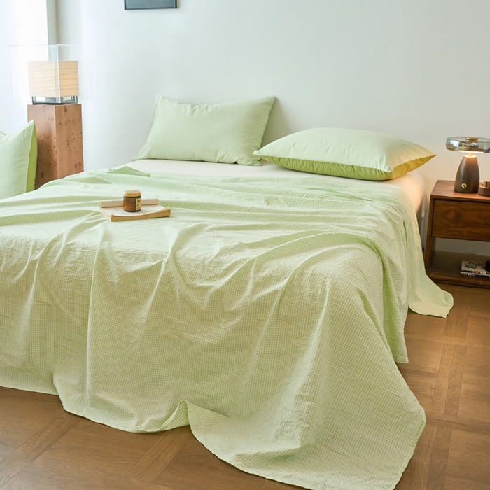 91家纺网 家纺一手货源 找家纺 春皖家纺 2026春夏新款全棉纯棉水洗棉单品系列床单单件床单单品-A版单床单 嫩绿格