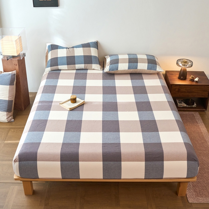 春皖家纺 2026春夏新款全棉纯棉水洗棉单品系列床笠单件床笠单品-A版单床笠 素雅-蓝大格