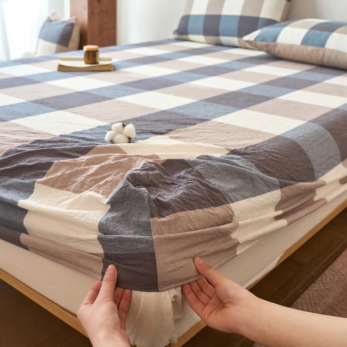 91家纺网 家纺一手货源 找家纺 春皖家纺 2026春夏新款全棉纯棉水洗棉单品系列床笠单件床笠单品-A版单床笠 素雅-蓝大格