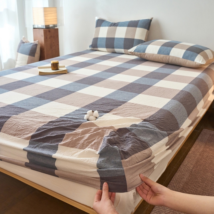 91家纺网 家纺一手货源 找家纺 春皖家纺 2026春夏新款全棉纯棉水洗棉单品系列床笠单件床笠单品-A版单床笠 素雅-蓝大格