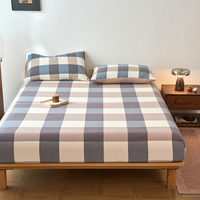 91家纺网 家纺一手货源 找家纺 春皖家纺 2026春夏新款全棉纯棉水洗棉单品系列床笠单件床笠单品-A版单床笠 素雅-蓝大格