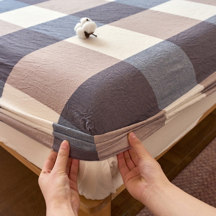 91家纺网 家纺一手货源 找家纺 春皖家纺 2026春夏新款全棉纯棉水洗棉单品系列床笠单件床笠单品-A版单床笠 素雅-蓝大格