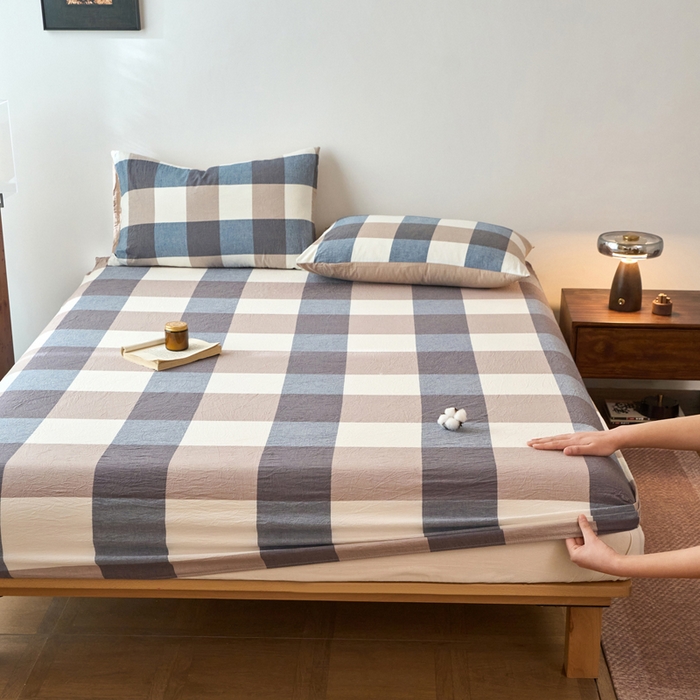 91家纺网 家纺一手货源 找家纺 春皖家纺 2026春夏新款全棉纯棉水洗棉单品系列床笠单件床笠单品-A版单床笠 素雅-蓝大格