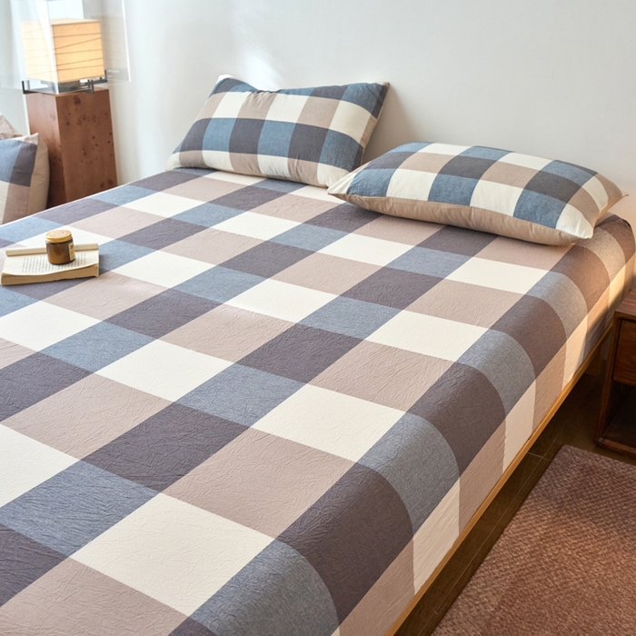 91家纺网 家纺一手货源 找家纺 春皖家纺 2026春夏新款全棉纯棉水洗棉单品系列床笠单件床笠单品-A版单床笠 素雅-蓝大格