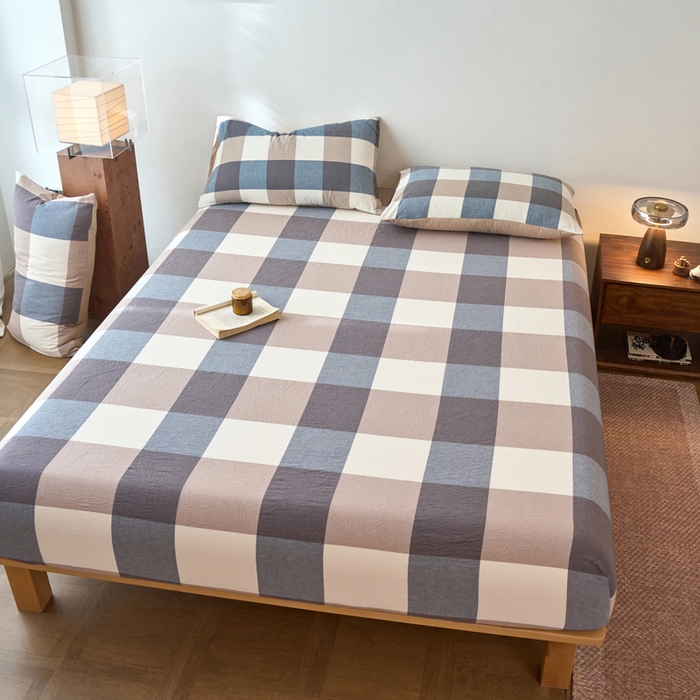 91家纺网 家纺一手货源 找家纺 春皖家纺 2026春夏新款全棉纯棉水洗棉单品系列床笠单件床笠单品-A版单床笠 素雅-蓝大格