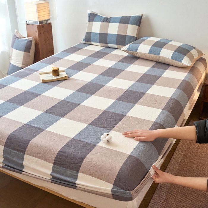 91家纺网 家纺一手货源 找家纺 春皖家纺 2026春夏新款全棉纯棉水洗棉单品系列床笠单件床笠单品-A版单床笠 素雅-蓝大格