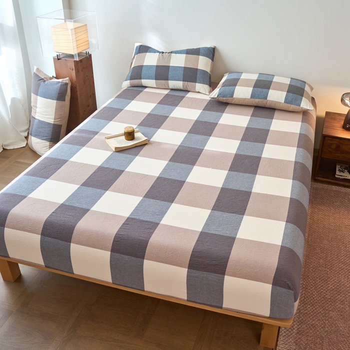 91家纺网 家纺一手货源 找家纺 春皖家纺 2026春夏新款全棉纯棉水洗棉单品系列床笠单件床笠单品-A版单床笠 素雅-蓝大格