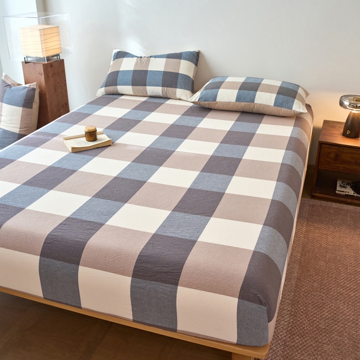 91家纺网 家纺一手货源 找家纺 春皖家纺 2026春夏新款全棉纯棉水洗棉单品系列床笠单件床笠单品-A版单床笠 素雅-蓝大格