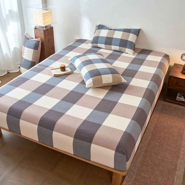 91家纺网 家纺一手货源 找家纺 春皖家纺 2026春夏新款全棉纯棉水洗棉单品系列床笠单件床笠单品-A版单床笠 素雅-蓝大格