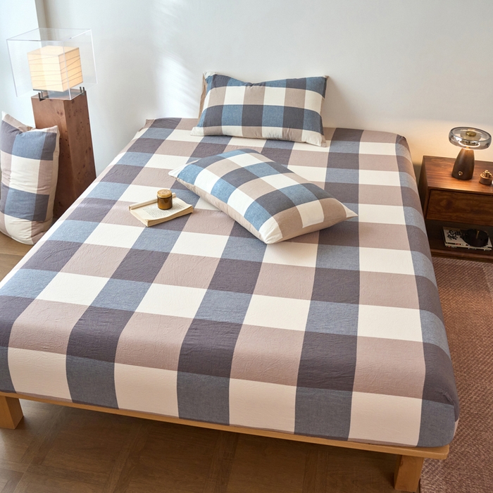 91家纺网 家纺一手货源 找家纺 春皖家纺 2026春夏新款全棉纯棉水洗棉单品系列床笠单件床笠单品-A版单床笠 素雅-蓝大格