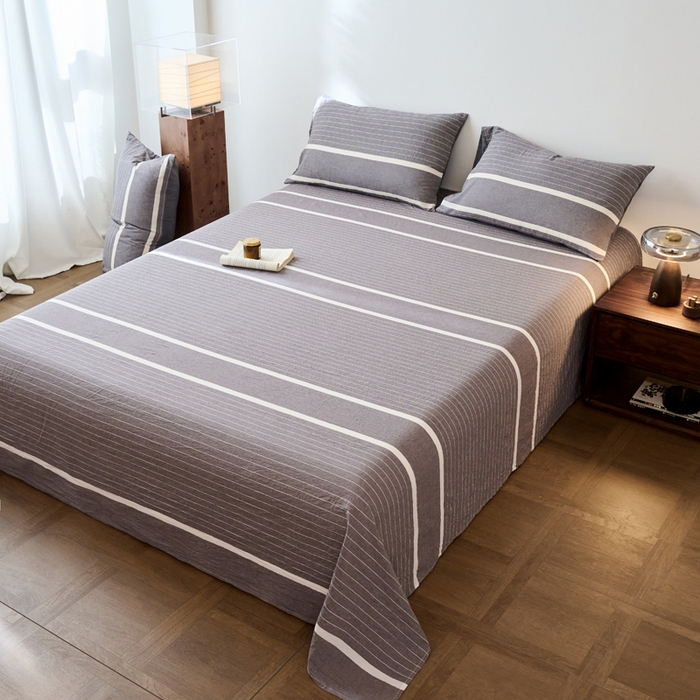 91家纺网 家纺一手货源 找家纺 春皖家纺 2026春夏新款全棉纯棉水洗棉单品系列床单单件床单单品-A版单床单 素雅-灰条