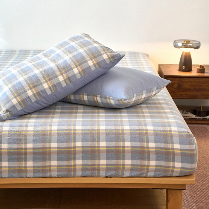 91家纺网 家纺一手货源 找家纺 春皖家纺 2026春夏新款全棉纯棉水洗棉单品系列床笠单件床笠单品-A版单床笠 素雅-蓝格