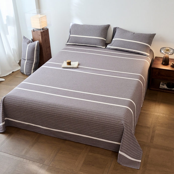 91家纺网 家纺一手货源 找家纺 春皖家纺 2026春夏新款全棉纯棉水洗棉单品系列床单单件床单单品-A版单床单 素雅-灰条