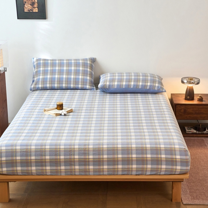 91家纺网 家纺一手货源 找家纺 春皖家纺 2026春夏新款全棉纯棉水洗棉单品系列床笠单件床笠单品-A版单床笠 素雅-蓝格