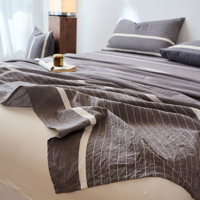 91家纺网 家纺一手货源 找家纺 春皖家纺 2026春夏新款全棉纯棉水洗棉单品系列床单单件床单单品-A版单床单 素雅-灰条