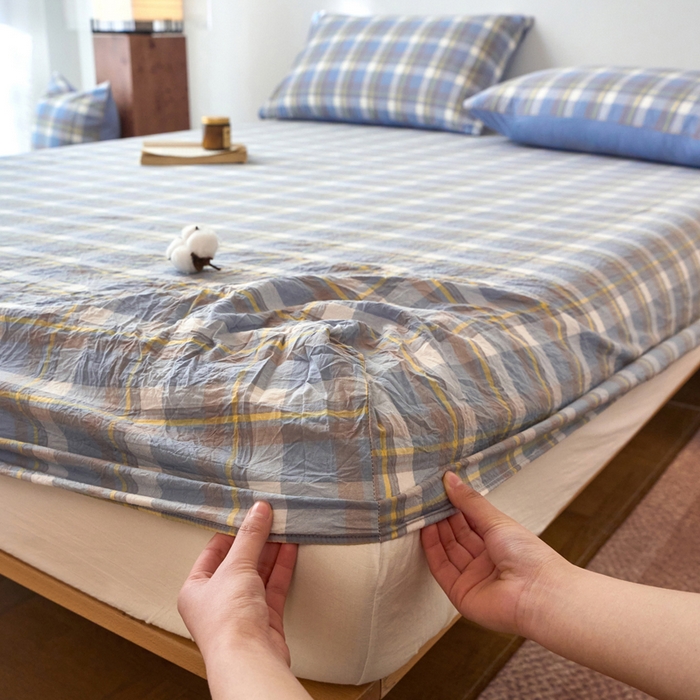 91家纺网 家纺一手货源 找家纺 春皖家纺 2026春夏新款全棉纯棉水洗棉单品系列床笠单件床笠单品-A版单床笠 素雅-蓝格