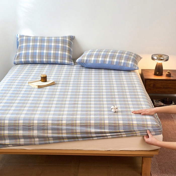 91家纺网 家纺一手货源 找家纺 春皖家纺 2026春夏新款全棉纯棉水洗棉单品系列床笠单件床笠单品-A版单床笠 素雅-蓝格