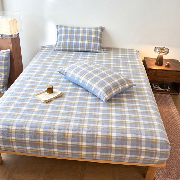 91家纺网 家纺一手货源 找家纺 春皖家纺 2026春夏新款全棉纯棉水洗棉单品系列床笠单件床笠单品-A版单床笠 素雅-蓝格