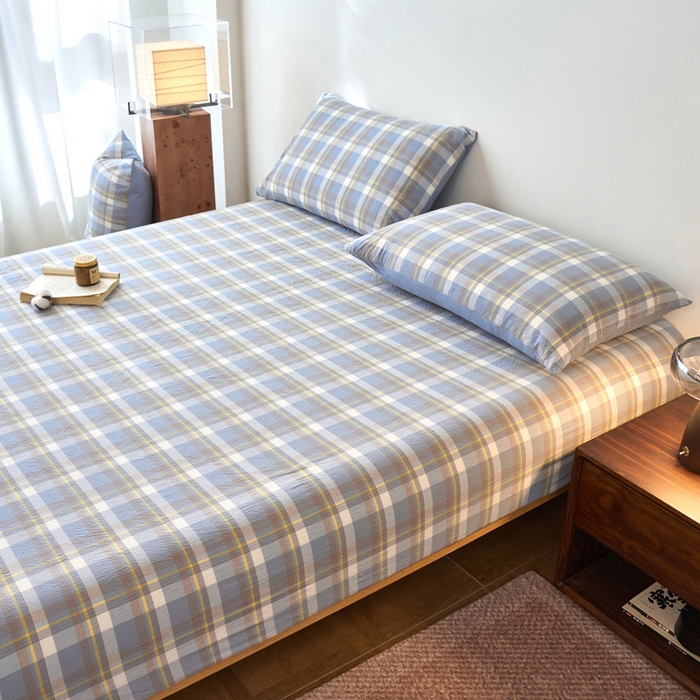 91家纺网 家纺一手货源 找家纺 春皖家纺 2026春夏新款全棉纯棉水洗棉单品系列床笠单件床笠单品-A版单床笠 素雅-蓝格