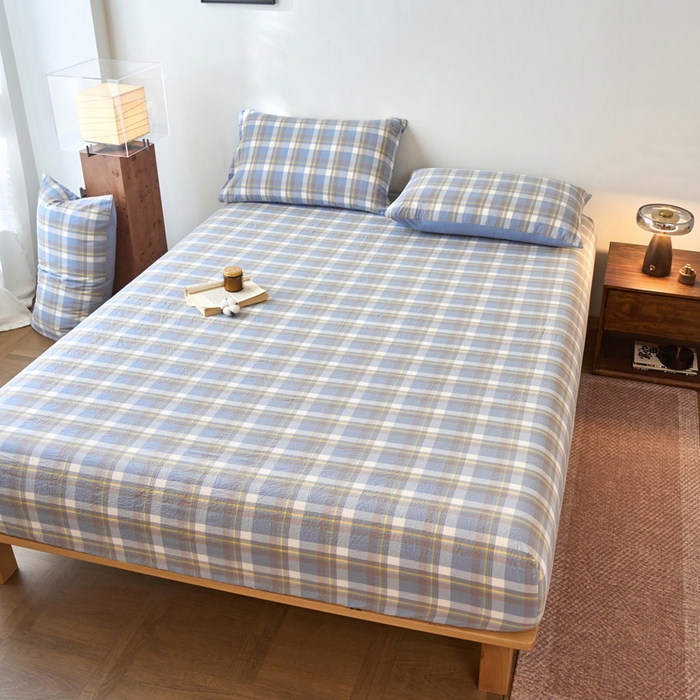 91家纺网 家纺一手货源 找家纺 春皖家纺 2026春夏新款全棉纯棉水洗棉单品系列床笠单件床笠单品-A版单床笠 素雅-蓝格