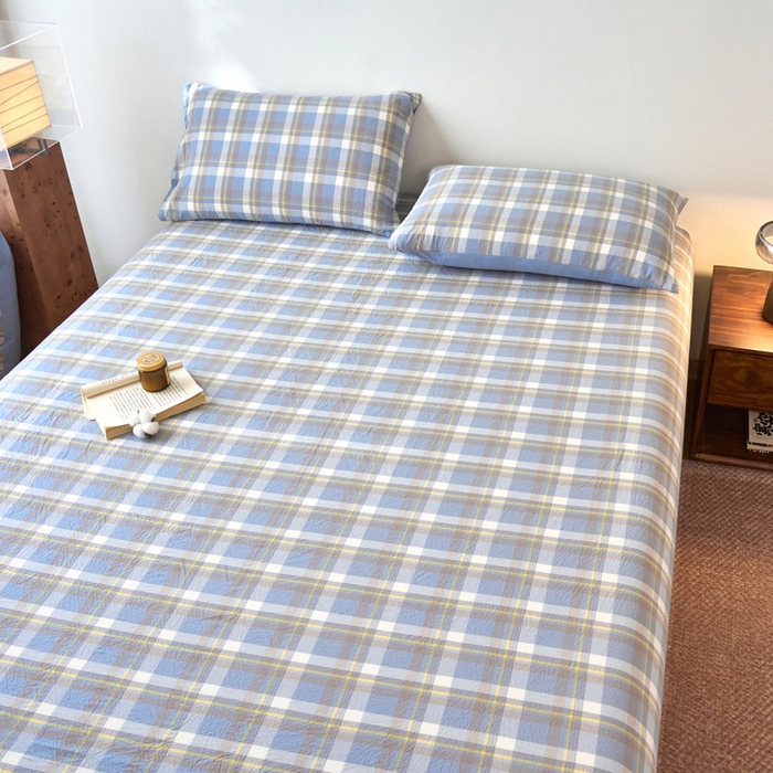 91家纺网 家纺一手货源 找家纺 春皖家纺 2026春夏新款全棉纯棉水洗棉单品系列床笠单件床笠单品-A版单床笠 素雅-蓝格