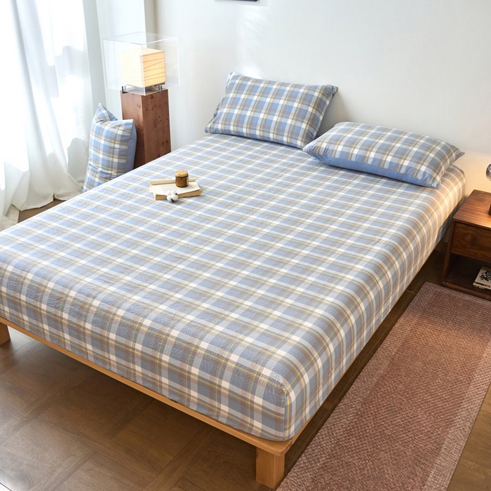 91家纺网 家纺一手货源 找家纺 春皖家纺 2026春夏新款全棉纯棉水洗棉单品系列床笠单件床笠单品-A版单床笠 素雅-蓝格