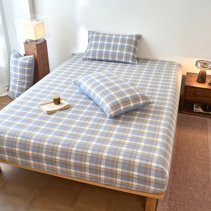 91家纺网 家纺一手货源 找家纺 春皖家纺 2026春夏新款全棉纯棉水洗棉单品系列床笠单件床笠单品-A版单床笠 素雅-蓝格