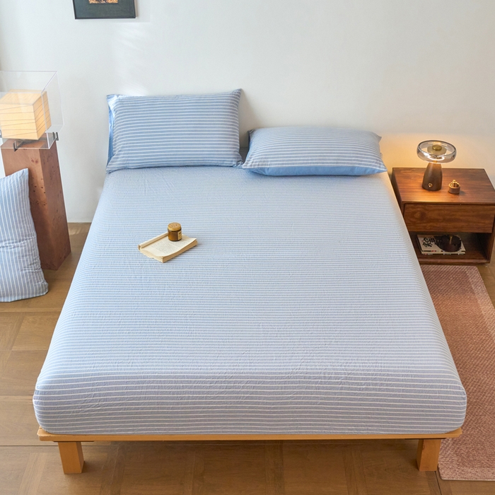 春皖家纺 2026春夏新款全棉纯棉水洗棉单品系列床笠单件床笠单品-A版单床笠 素雅-蓝条