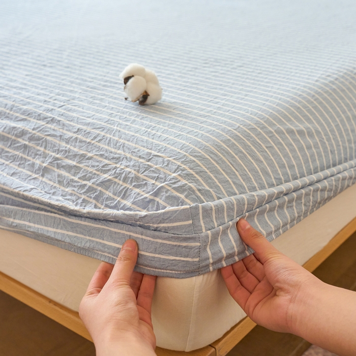 91家纺网 家纺一手货源 找家纺 春皖家纺 2026春夏新款全棉纯棉水洗棉单品系列床笠单件床笠单品-A版单床笠 素雅-蓝条