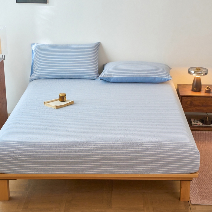 91家纺网 家纺一手货源 找家纺 春皖家纺 2026春夏新款全棉纯棉水洗棉单品系列床笠单件床笠单品-A版单床笠 素雅-蓝条