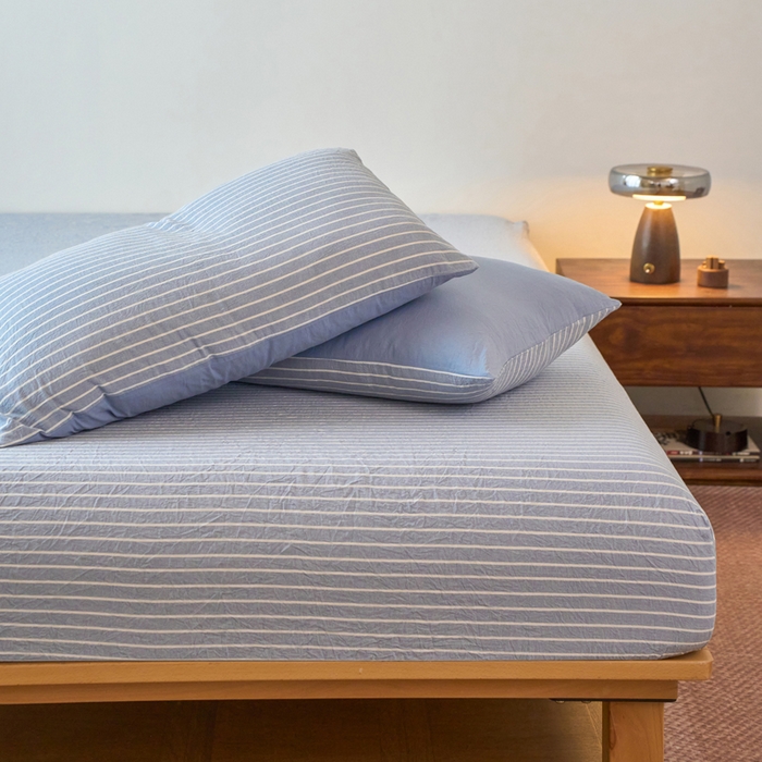 91家纺网 家纺一手货源 找家纺 春皖家纺 2026春夏新款全棉纯棉水洗棉单品系列床笠单件床笠单品-A版单床笠 素雅-蓝条