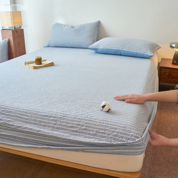 91家纺网 家纺一手货源 找家纺 春皖家纺 2026春夏新款全棉纯棉水洗棉单品系列床笠单件床笠单品-A版单床笠 素雅-蓝条