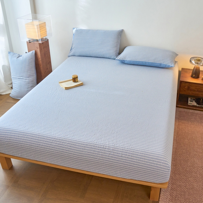 91家纺网 家纺一手货源 找家纺 春皖家纺 2026春夏新款全棉纯棉水洗棉单品系列床笠单件床笠单品-A版单床笠 素雅-蓝条