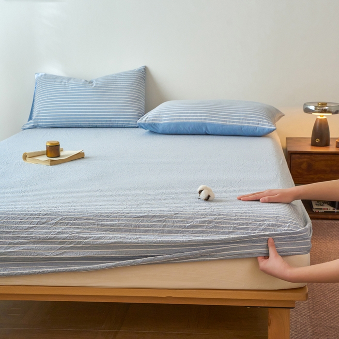 91家纺网 家纺一手货源 找家纺 春皖家纺 2026春夏新款全棉纯棉水洗棉单品系列床笠单件床笠单品-A版单床笠 素雅-蓝条