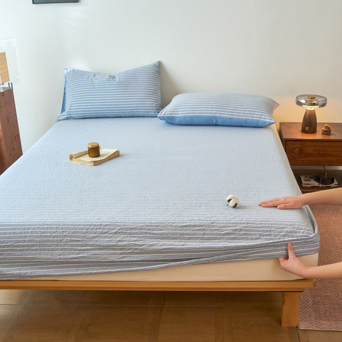 91家纺网 家纺一手货源 找家纺 春皖家纺 2026春夏新款全棉纯棉水洗棉单品系列床笠单件床笠单品-A版单床笠 素雅-蓝条