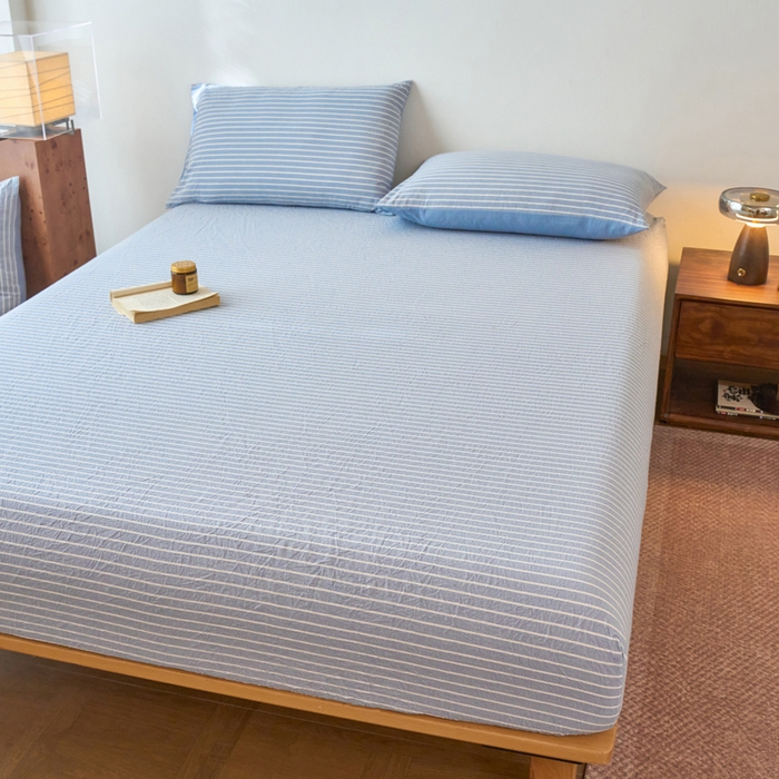 91家纺网 家纺一手货源 找家纺 春皖家纺 2026春夏新款全棉纯棉水洗棉单品系列床笠单件床笠单品-A版单床笠 素雅-蓝条