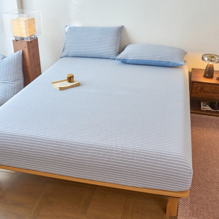 91家纺网 家纺一手货源 找家纺 春皖家纺 2026春夏新款全棉纯棉水洗棉单品系列床笠单件床笠单品-A版单床笠 素雅-蓝条